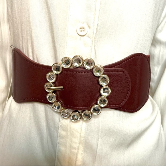 Accessories - Burgundy PU leather circle buckle rhinestone details elastic waistband belt